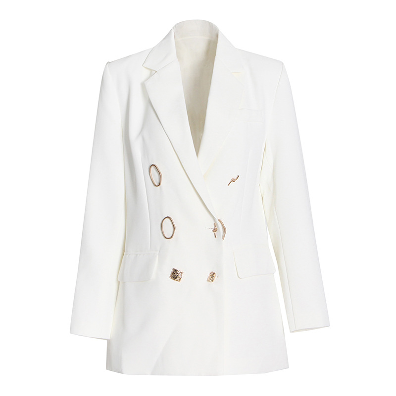 White Double-Row Loose Mid-Length Jacket