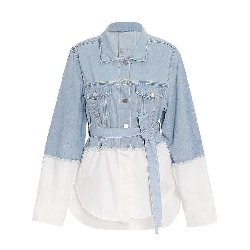 Splicing Light-Colored Denim Waist Tie Shirt Jacket