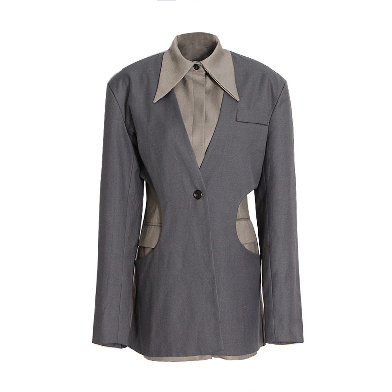 One Button Lapel Solid Color Patchwork Straight Jacket