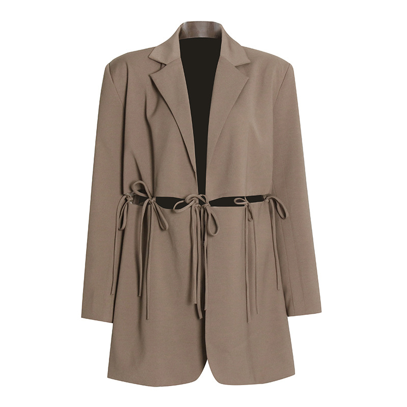 Hollow Unbuttoned Tie Lapel Long Sleeve Solid Color Loose Suit