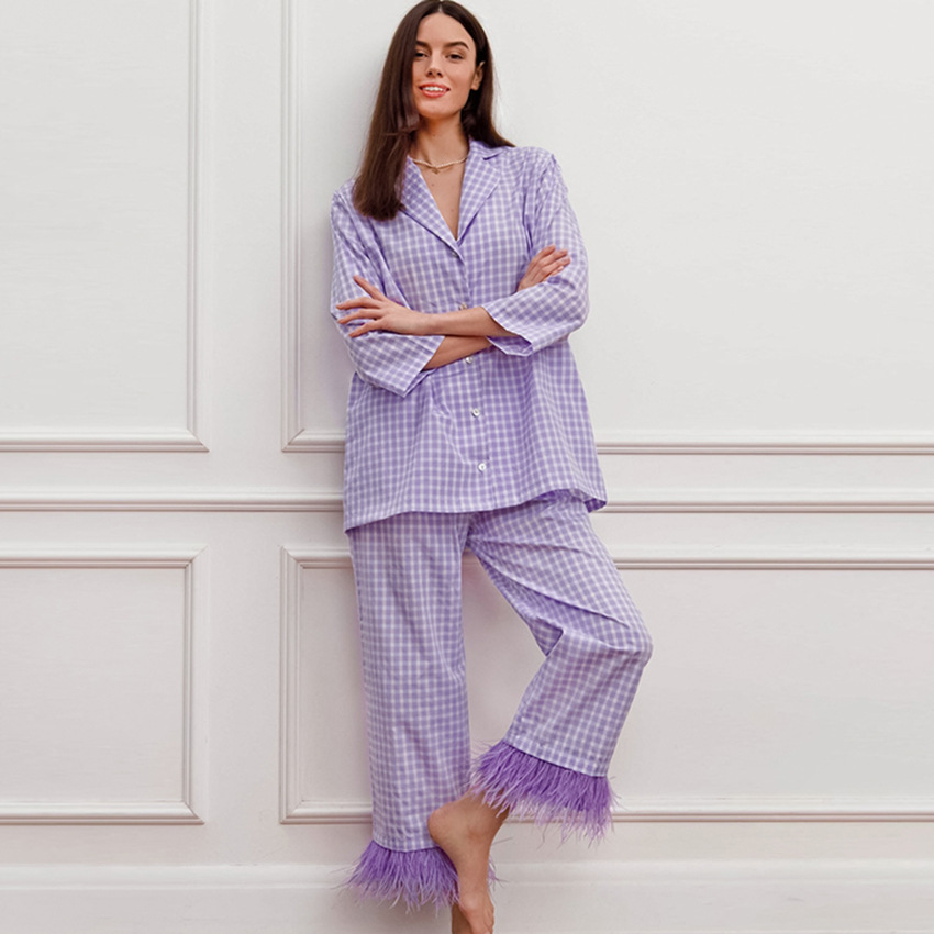 Plaid Pajamas Seventh Sleeve Pants Purple Feather