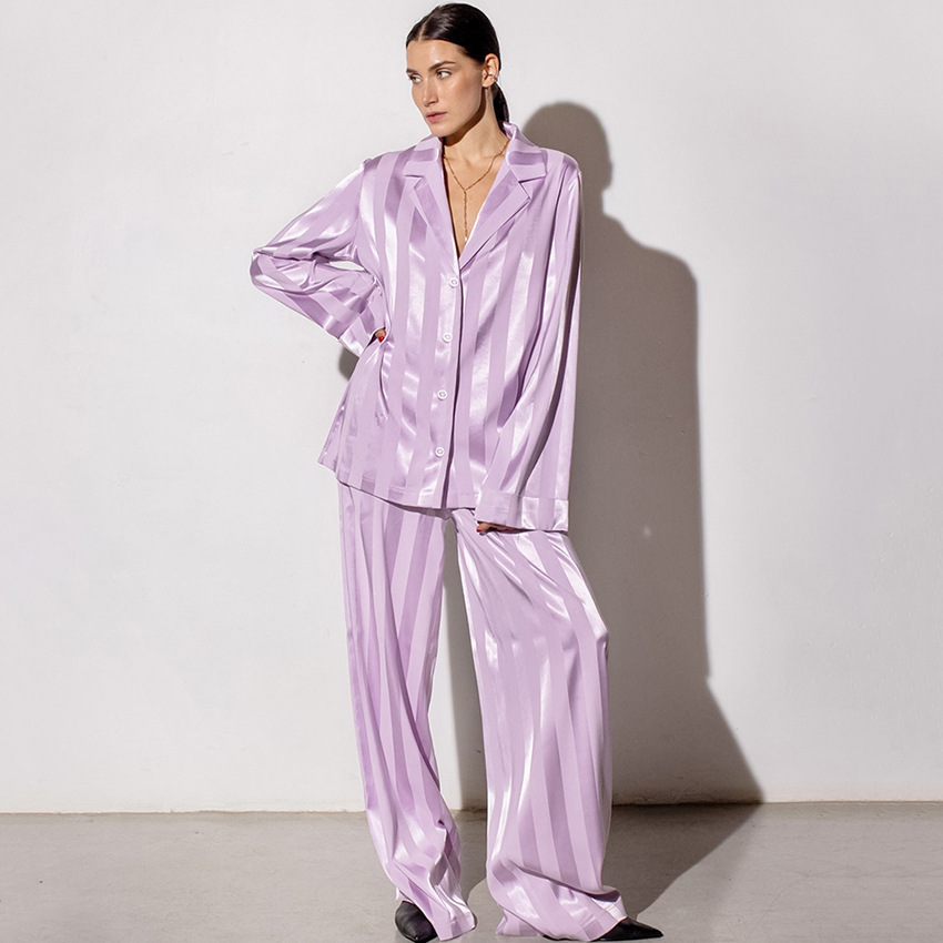 Pajamas Purple Striped Long-Sleeved Fashion Silk Pants