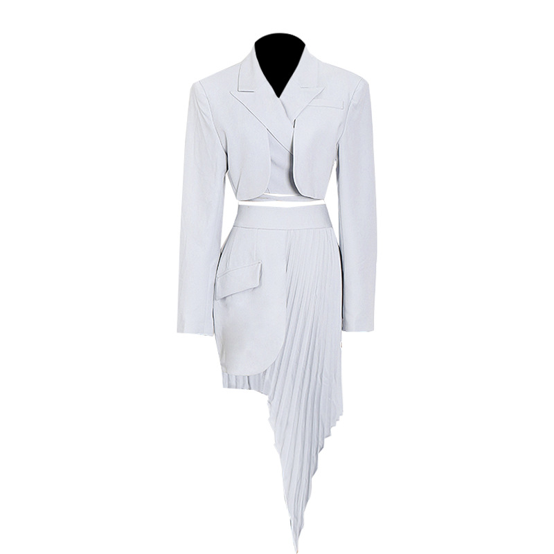 V-Neck Lace-Up Blazer + Solid Irregular Pleated Skirt