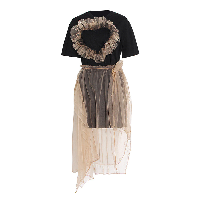 Round Neck T-Shirt + Mesh Stitching Half-Body Skirt