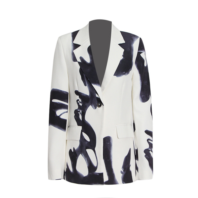One Button Printed Jacket + High Waist Straight Pants