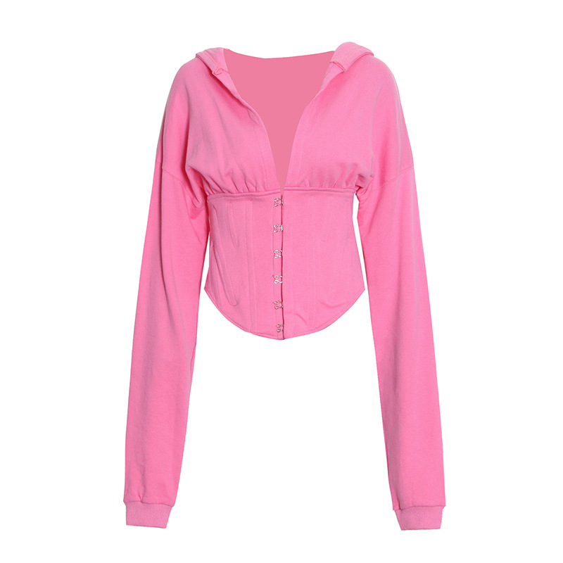 Drawstring Type Single-Breasted Patchwork Short Hoodie