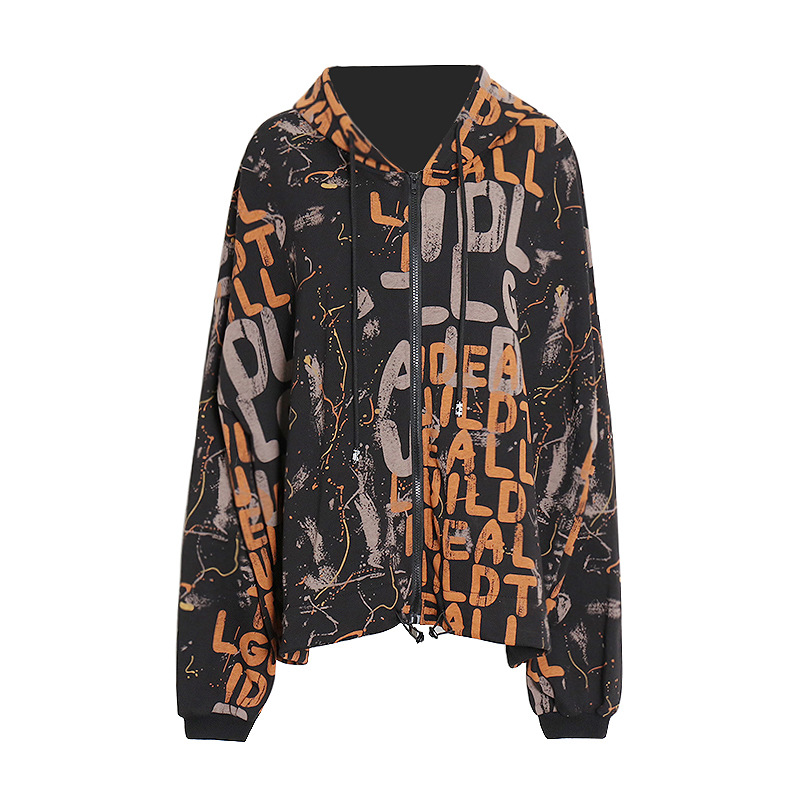 Printed Letters Street Style Cardigan Hooded Sweatshirt