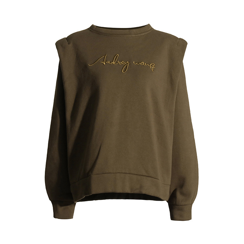 Round Neck Long Sleeve Embroidered Curry Padded Sweatshirt