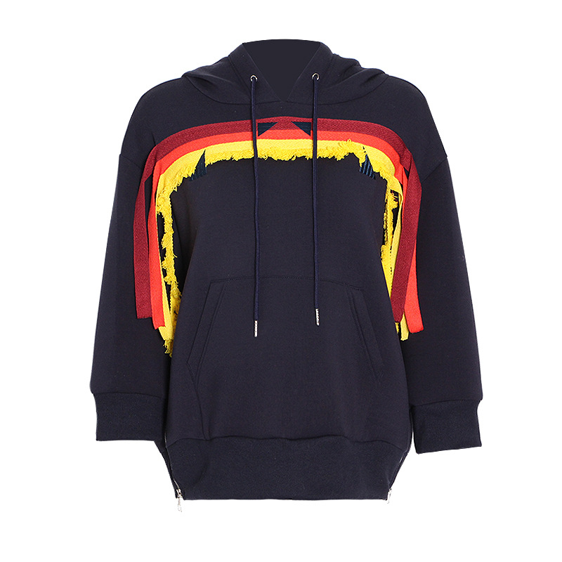 Embroidery Stitching Double Zipper Casual Hooded Sweatshirt