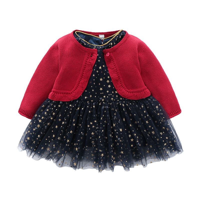 Blue Star Dress Skirt + Red Knitted Lace Cardigan Sweater
