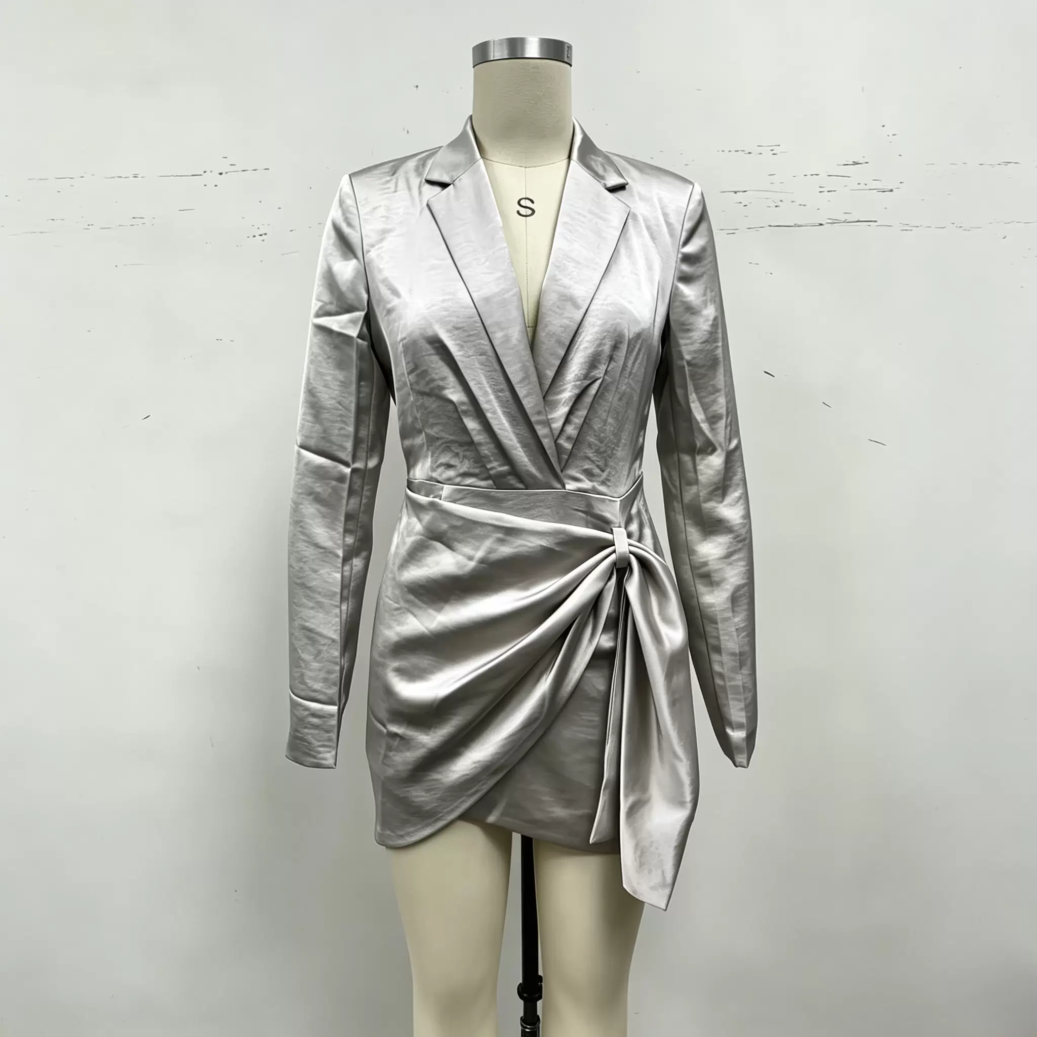Women's Silver Satin Blazer Dress - Wrap Waist Bow Detail Mini Dress for Party & Office