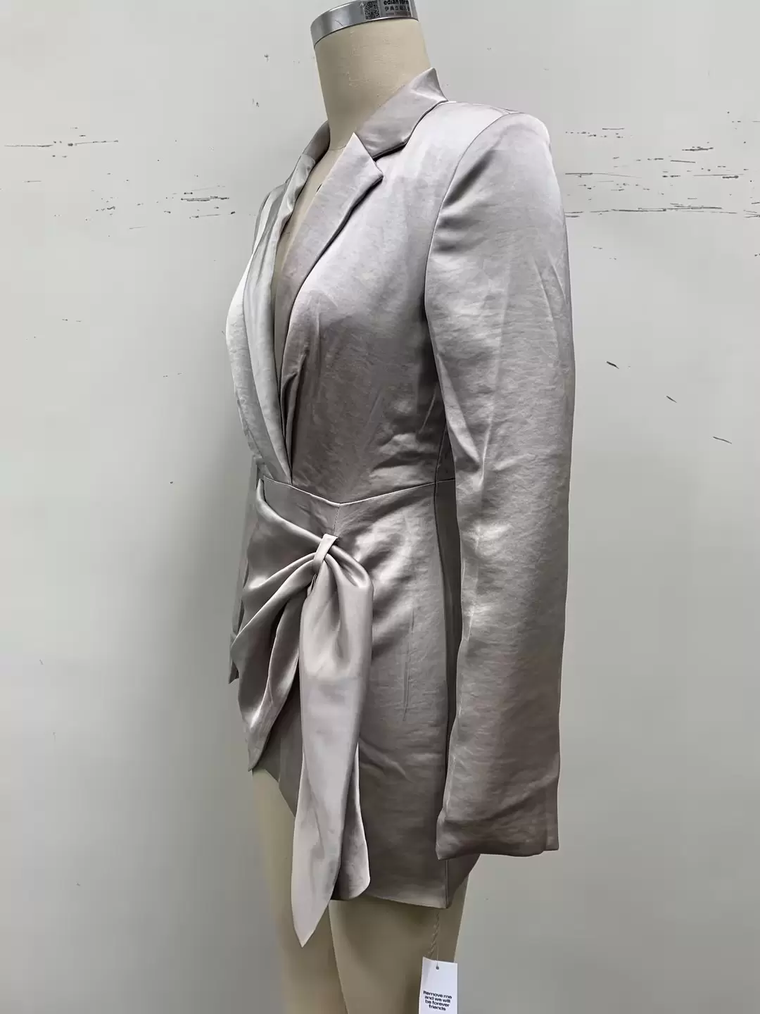 Women's Silver Satin Blazer Dress - Wrap Waist Bow Detail Mini Dress for Party & Office
