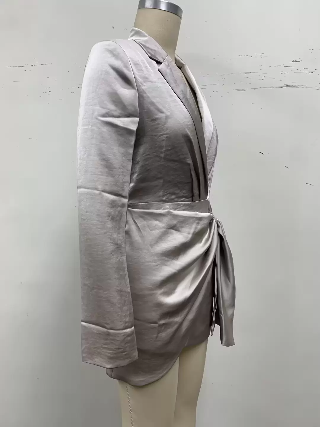 Women's Silver Satin Blazer Dress - Wrap Waist Bow Detail Mini Dress for Party & Office