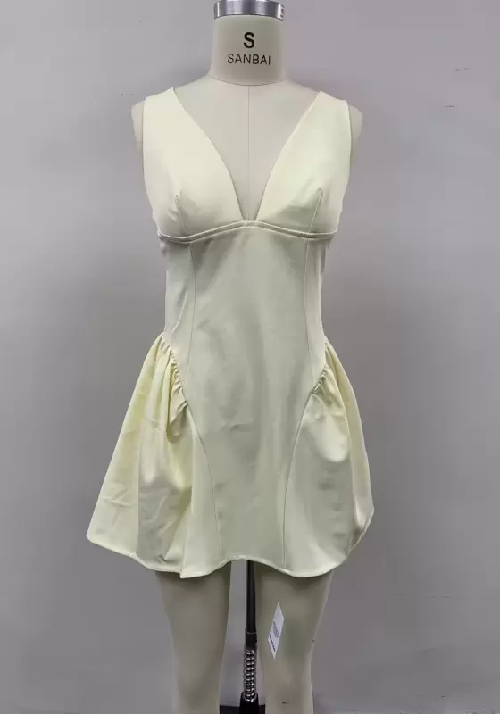 Women's Butter Yellow Deep V-Neck Corset Mini Dress - Sleeveless Bubble Hem Party Dress