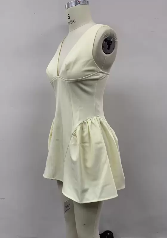 Women's Butter Yellow Deep V-Neck Corset Mini Dress - Sleeveless Bubble Hem Party Dress