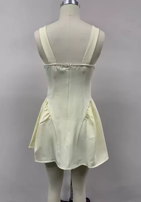 Women's Butter Yellow Deep V-Neck Corset Mini Dress - Sleeveless Bubble Hem Party Dress