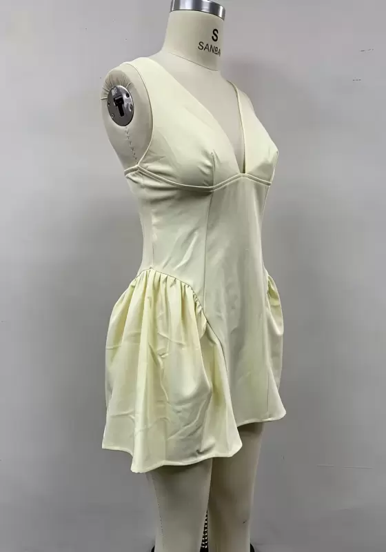 Women's Butter Yellow Deep V-Neck Corset Mini Dress - Sleeveless Bubble Hem Party Dress