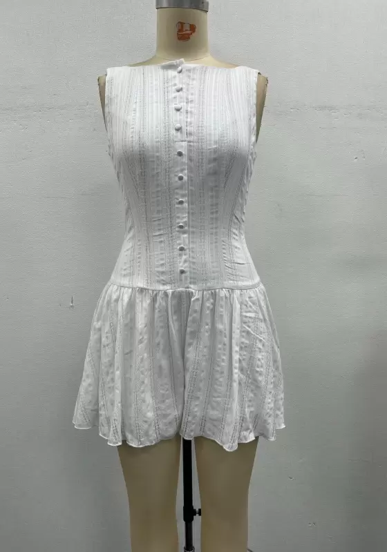 Women White Textured Jacquard Dress Sleeveless Square Neck Button Front Corset Waist a Line Mini Dress Elegant