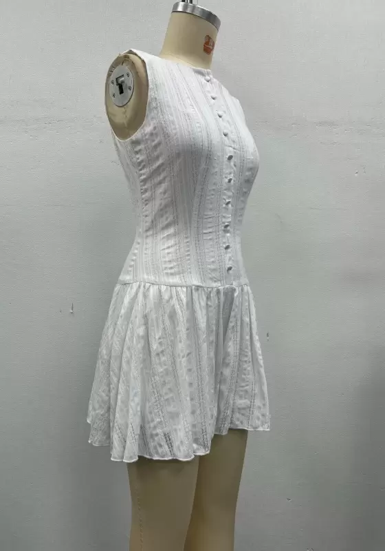 Women White Textured Jacquard Dress Sleeveless Square Neck Button Front Corset Waist a Line Mini Dress Elegant