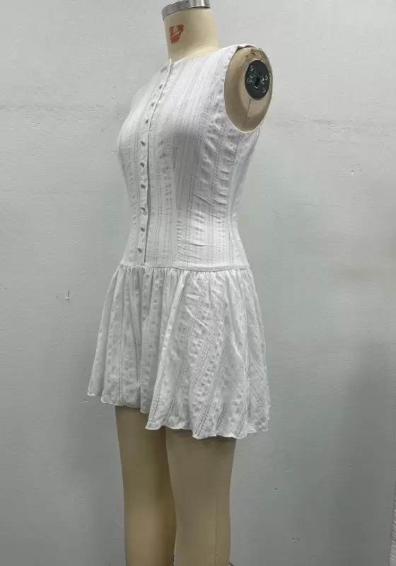 Women White Textured Jacquard Dress Sleeveless Square Neck Button Front Corset Waist a Line Mini Dress Elegant