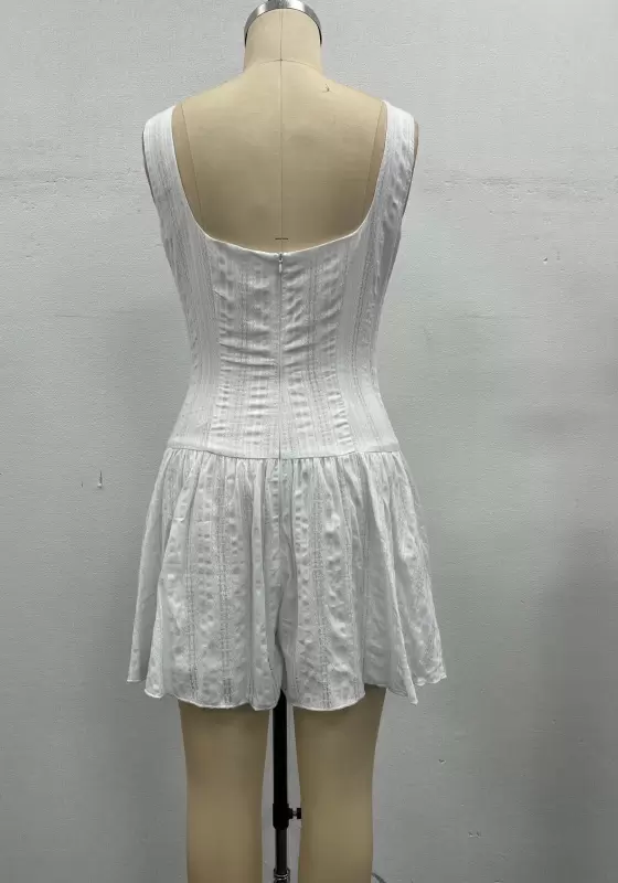 Women White Textured Jacquard Dress Sleeveless Square Neck Button Front Corset Waist a Line Mini Dress Elegant