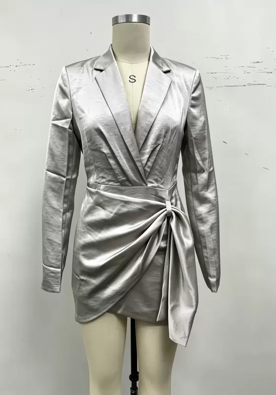 Women's Silver Satin Blazer Dress - Wrap Waist Bow Detail Mini Dress for Party & Office