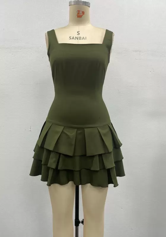 Women Olive Green Tailored Dress Square Neck Sleeveless Layered Ruffle Peplum Mini Dress Elegant Casual