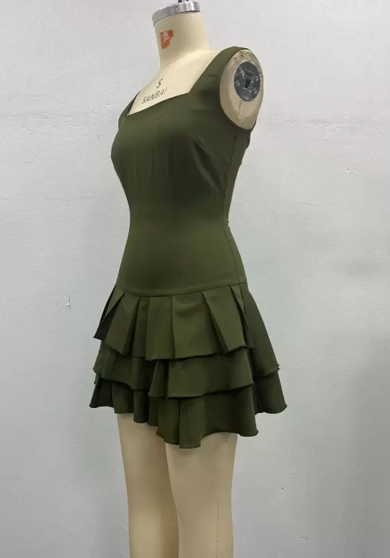 Women Olive Green Tailored Dress Square Neck Sleeveless Layered Ruffle Peplum Mini Dress Elegant Casual