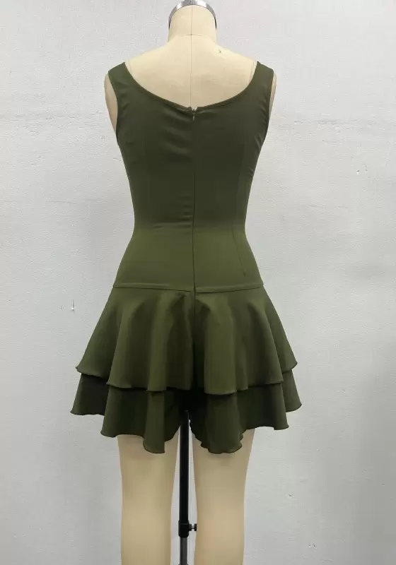 Women Olive Green Tailored Dress Square Neck Sleeveless Layered Ruffle Peplum Mini Dress Elegant Casual