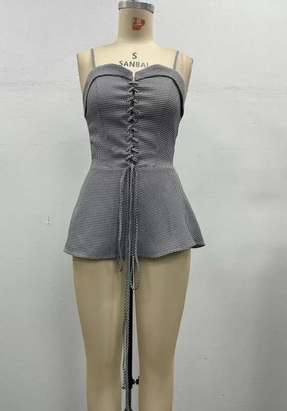 Women's Gingham Lace-Up Corset Camisole Top - Sleeveless Peplum Strap Top Elegant Casual