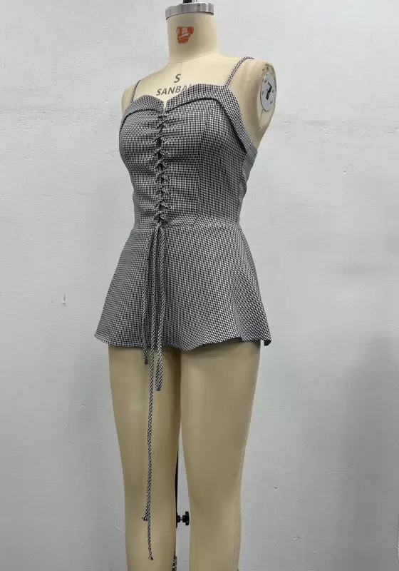 Women's Gingham Lace-Up Corset Camisole Top - Sleeveless Peplum Strap Top Elegant Casual