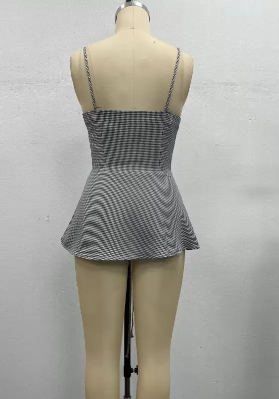 Women's Gingham Lace-Up Corset Camisole Top - Sleeveless Peplum Strap Top Elegant Casual