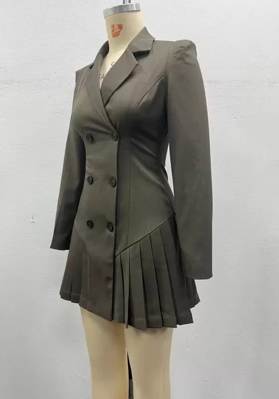 Women Grey Tailored Blazer Dress Double Breasted Buttons Pleated Hem Slim Fit Elegant Casual OL Workwear