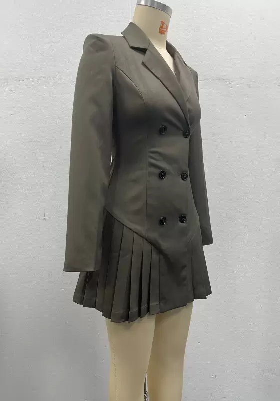 Women Grey Tailored Blazer Dress Double Breasted Buttons Pleated Hem Slim Fit Elegant Casual OL Workwear