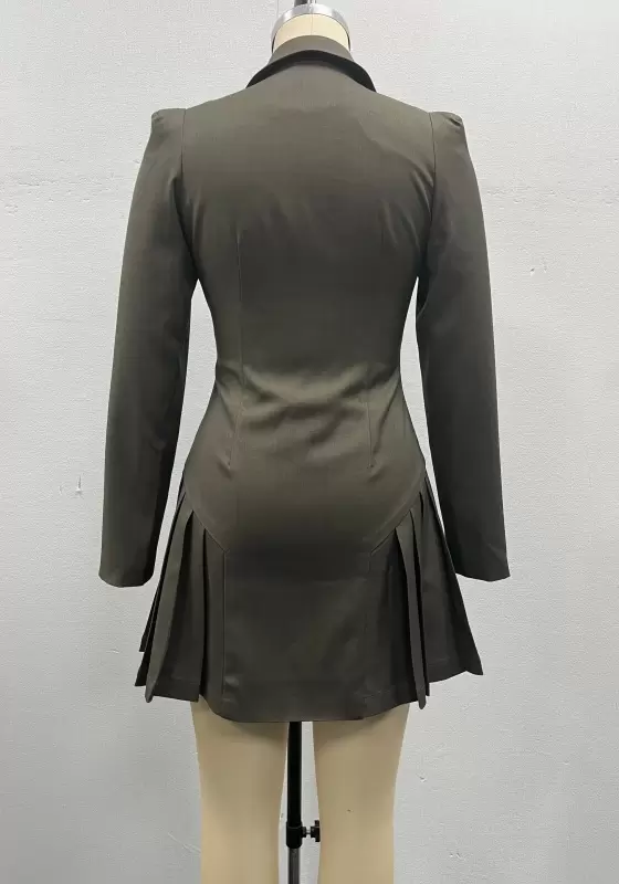 Women Grey Tailored Blazer Dress Double Breasted Buttons Pleated Hem Slim Fit Elegant Casual OL Workwear