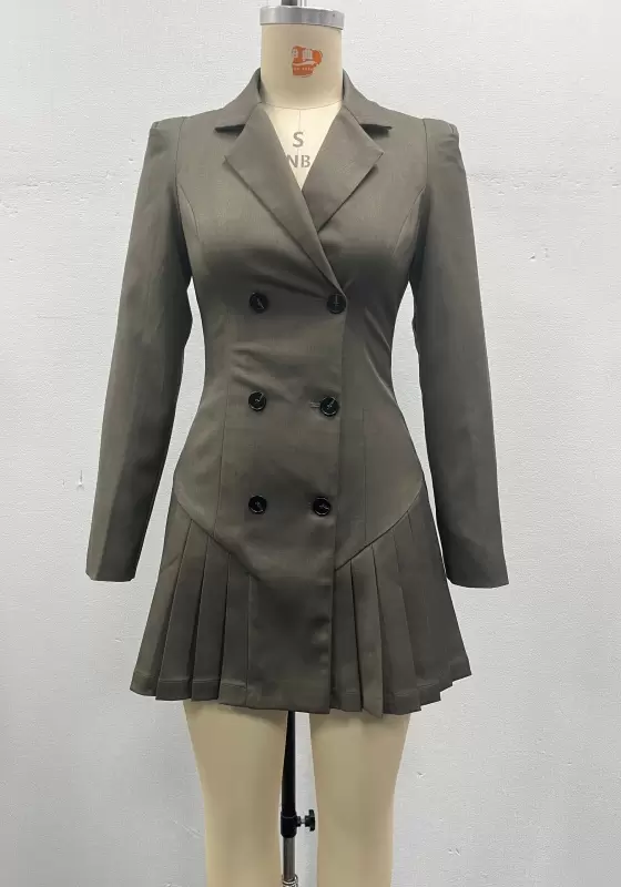Women Grey Tailored Blazer Dress Double Breasted Buttons Pleated Hem Slim Fit Elegant Casual OL Workwear