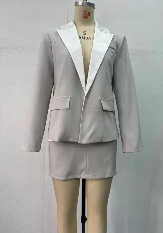 Women Grey Tailored Suit Set Contrast White Lapel Collar Long Sleeve Blazer High Waist Mini Skirt Elegant Casual OL