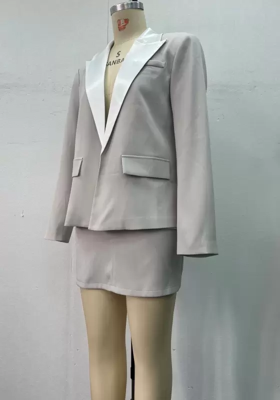 Women Grey Tailored Suit Set Contrast White Lapel Collar Long Sleeve Blazer High Waist Mini Skirt Elegant Casual OL