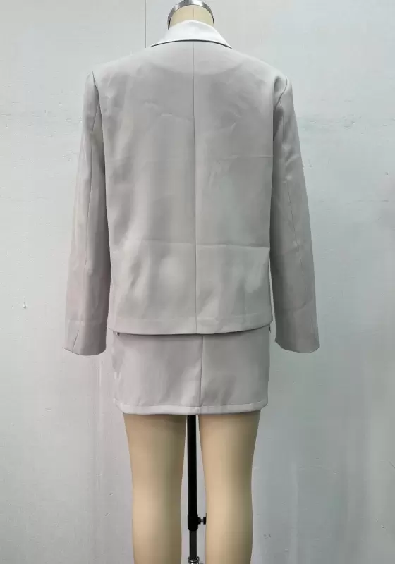 Women Grey Tailored Suit Set Contrast White Lapel Collar Long Sleeve Blazer High Waist Mini Skirt Elegant Casual OL