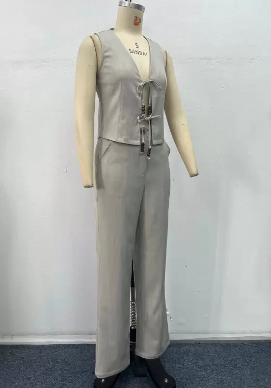 Women Grey Tailored Two Piece Set Sleeveless Vest Beads Tie Detail High Waist Wide Leg Pants Elegant Casual OL