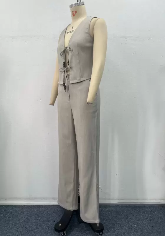 Women Grey Tailored Two Piece Set Sleeveless Vest Beads Tie Detail High Waist Wide Leg Pants Elegant Casual OL