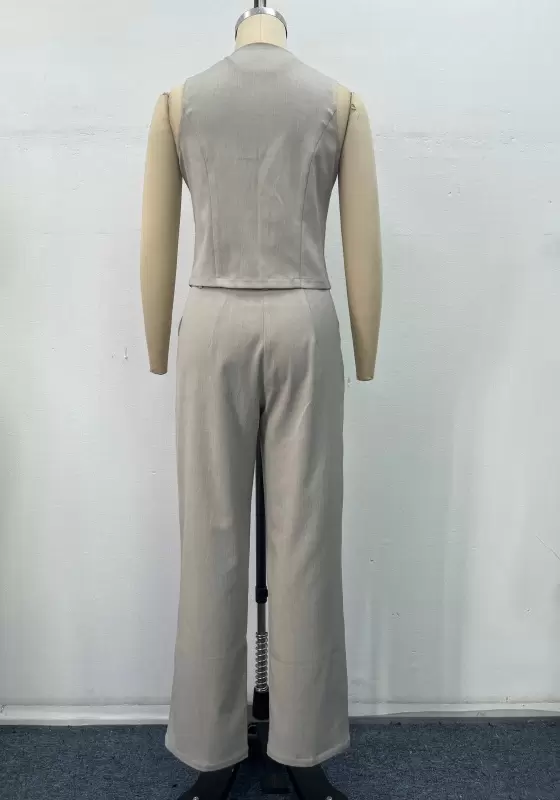 Women Grey Tailored Two Piece Set Sleeveless Vest Beads Tie Detail High Waist Wide Leg Pants Elegant Casual OL