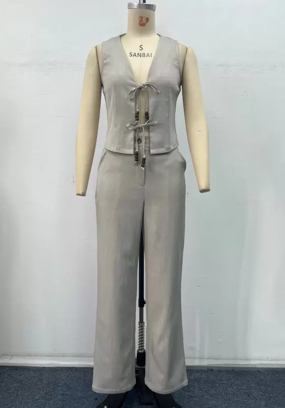 Women Grey Tailored Two Piece Set Sleeveless Vest Beads Tie Detail High Waist Wide Leg Pants Elegant Casual OL