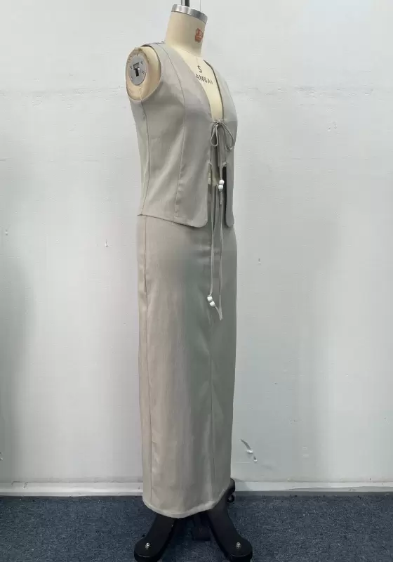 Women Grey Tailored Two Piece Set Sleeveless Vest With Tie Detail Maxi Skirt Elegant Casual OL Workwear Linen Blend