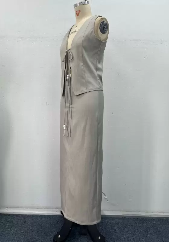 Women Grey Tailored Two Piece Set Sleeveless Vest With Tie Detail Maxi Skirt Elegant Casual OL Workwear Linen Blend
