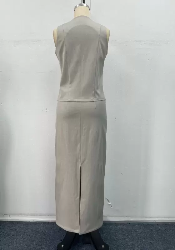 Women Grey Tailored Two Piece Set Sleeveless Vest With Tie Detail Maxi Skirt Elegant Casual OL Workwear Linen Blend