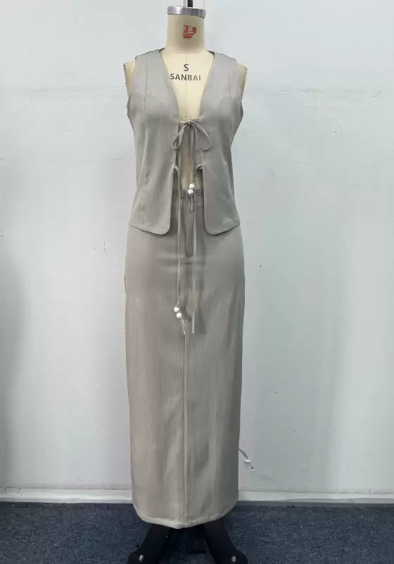 Women Grey Tailored Two Piece Set Sleeveless Vest With Tie Detail Maxi Skirt Elegant Casual OL Workwear Linen Blend
