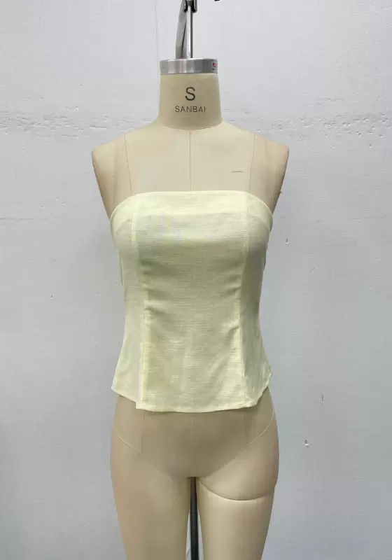 Women Light Yellow Tailored Tube Top Corset Design Elegant Casual OL Workwear Padded Sleeveless Blouse