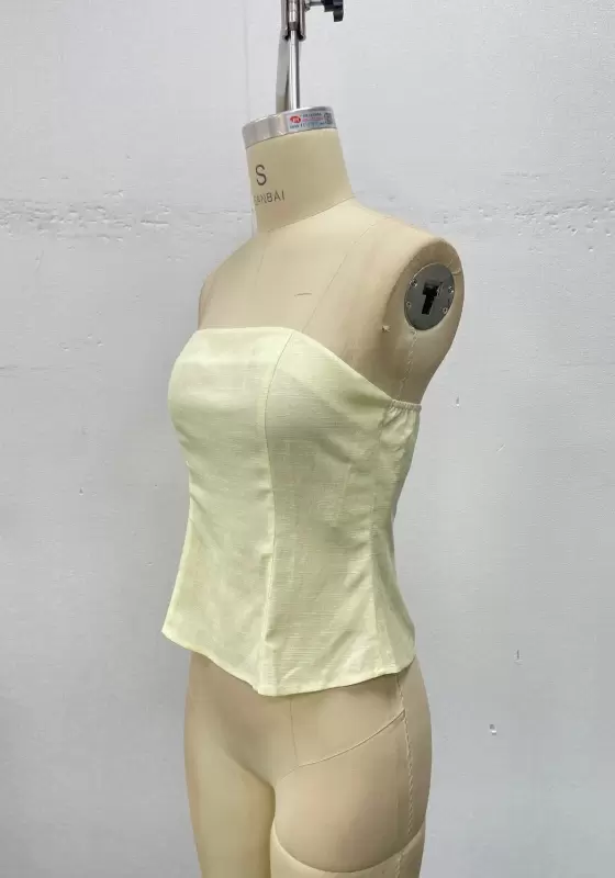 Women Light Yellow Tailored Tube Top Corset Design Elegant Casual OL Workwear Padded Sleeveless Blouse