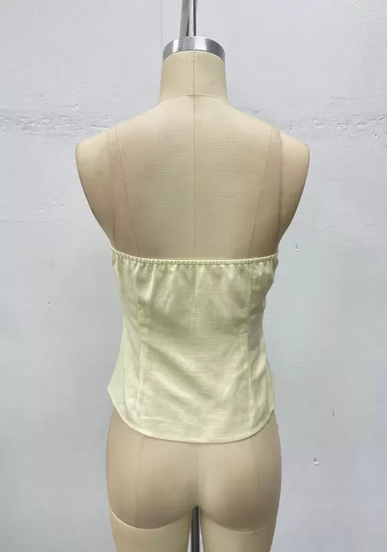 Women Light Yellow Tailored Tube Top Corset Design Elegant Casual OL Workwear Padded Sleeveless Blouse